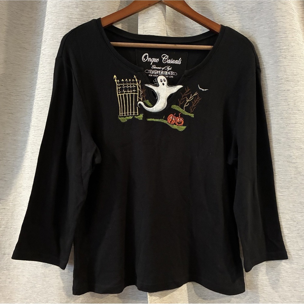 VTG Onque Casuals Halloween Shirt Pullover Womens Large Ghost Pumpkin Y2K